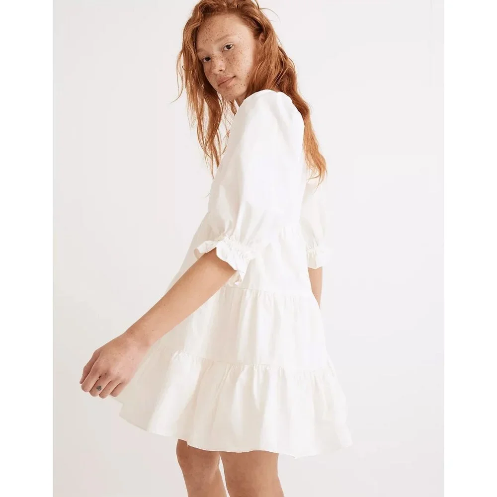 Madewell NWT Poplin Lizzie Babydoll Dress 12 Puffed Sleeves-Tiered Lighthouse - Picture 2 of 15